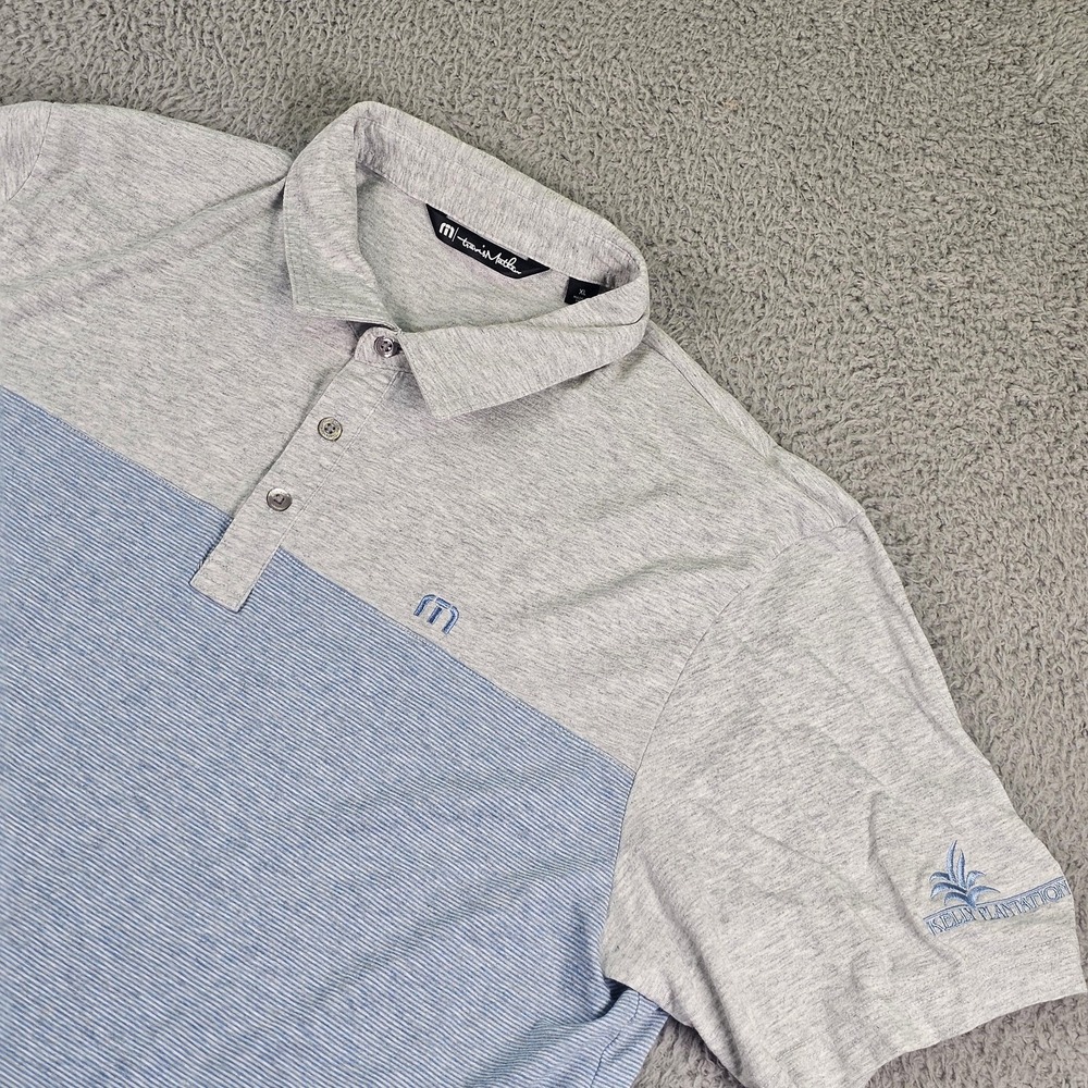 Travis Mathew Polo Shirt Mens XL Blue Gray Striped Kelly Plantation Golf